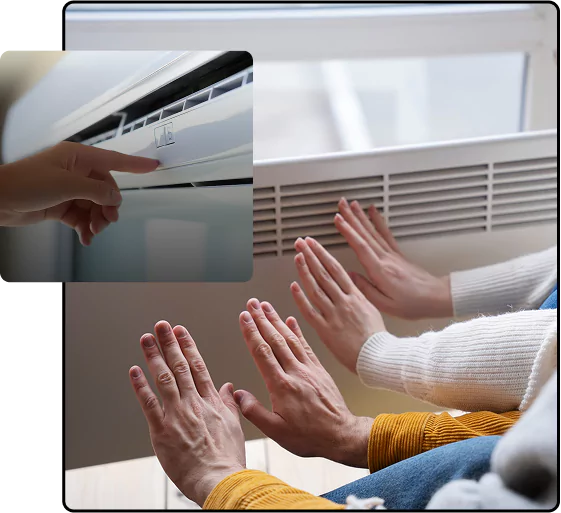 family holding hands in front of heater